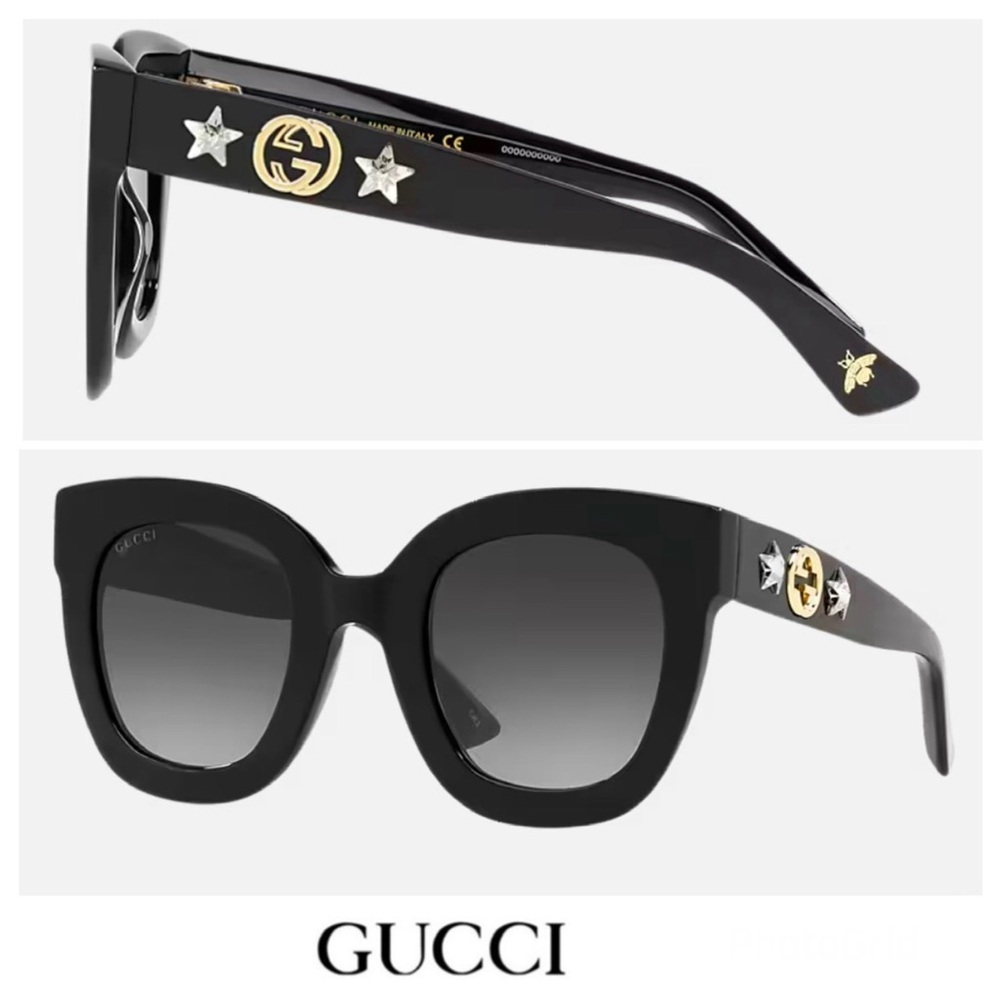 GUCCI Italy GG0208S Crystal Star Cat Eye Gray Gradient Lens Black Frame Sunglass